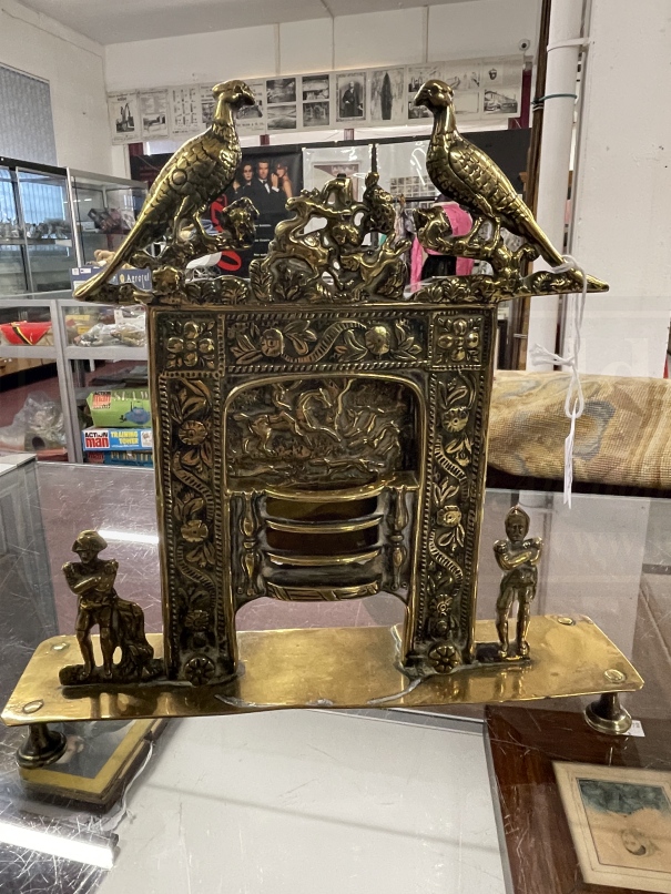 19th cent. Brass miniature fireplace, probably a travelling salesman's or an apprentice piece, the