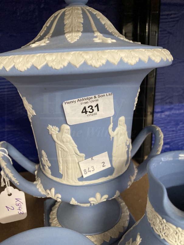 20th cent. Ceramics: Wedgwood Jasperware large pedestal urn 11½ins, plus a jug, vase, and two pin - Image 2 of 3