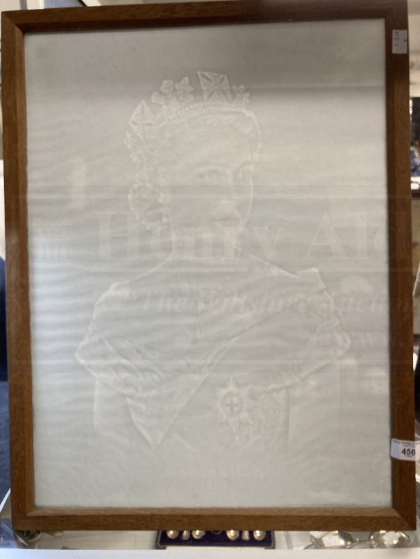 Royal Memorabilia: Coronation 1953 Queen Elizabeth blind relief portrait in an easel frame. 23¾