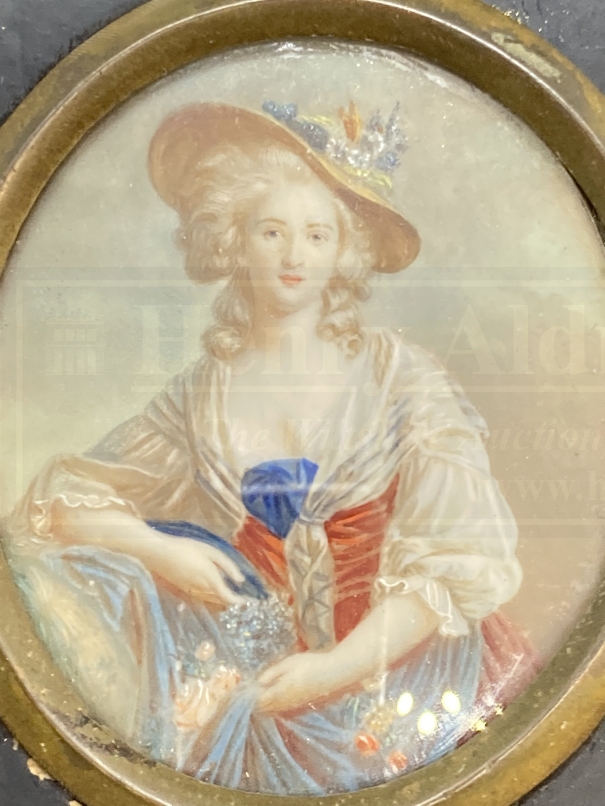 Miniatures: Watercolour on card sister Louis XVI's, in black lacquered frame. 2?ins. x 2?ins. - Image 2 of 2