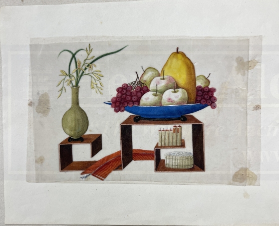 Chinese School: 19th cent. Pith paintings Qing Dynasty a woman astride a shishi 7½ins. x 5ins, a - Image 2 of 5