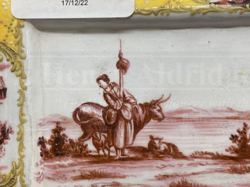 Collectables: 19th cent. Enamel pen rest painted in puce monochrome with cattle in a stream, the - Image 3 of 4