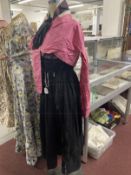 Fashion: Black voile cocktail dress, square neck, wide shoulder straps, separate black under slip,