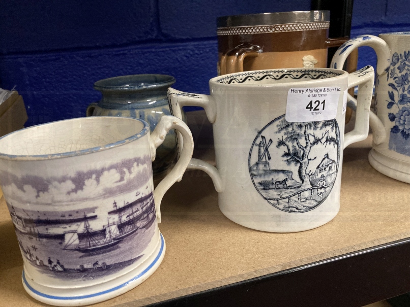 Ceramics: Royal Doulton silver rimmed three handled tankard, transfer printed mug with ships in - Image 2 of 4