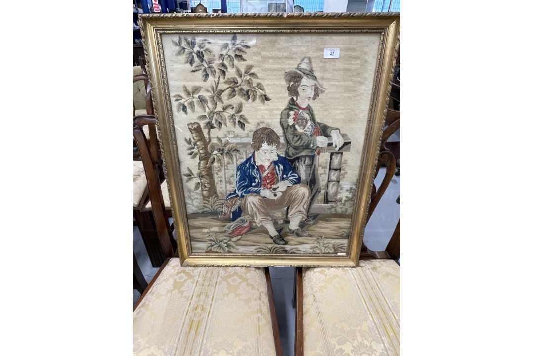 19th cent. Berlin style woolwork tapestry, two boys resting, framed and glazed. Approx. 30ins. x