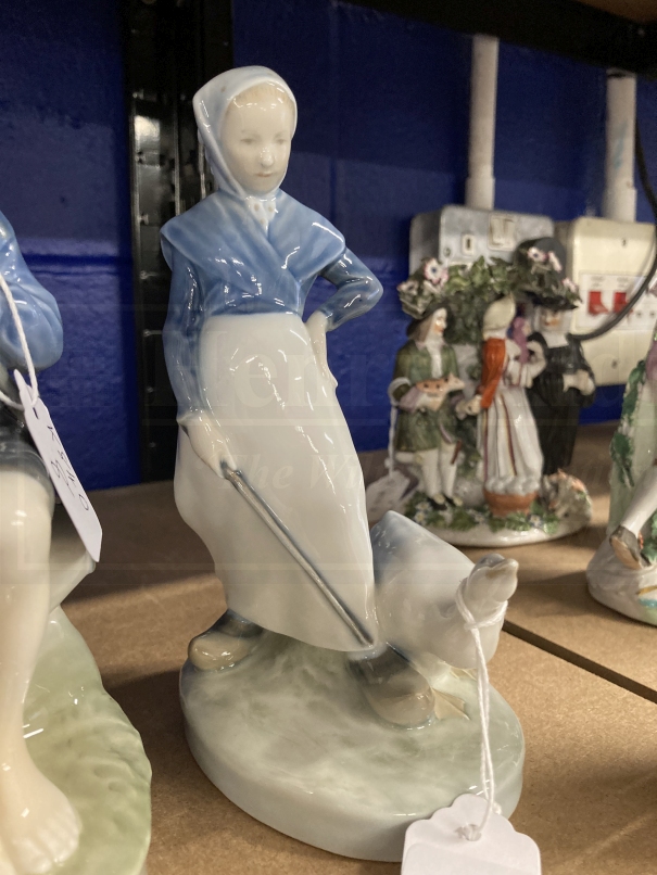 Royal Copenhagen: Boy whittling seated on a rock No. 905, plus goose girl No. 067/58. - Image 2 of 4