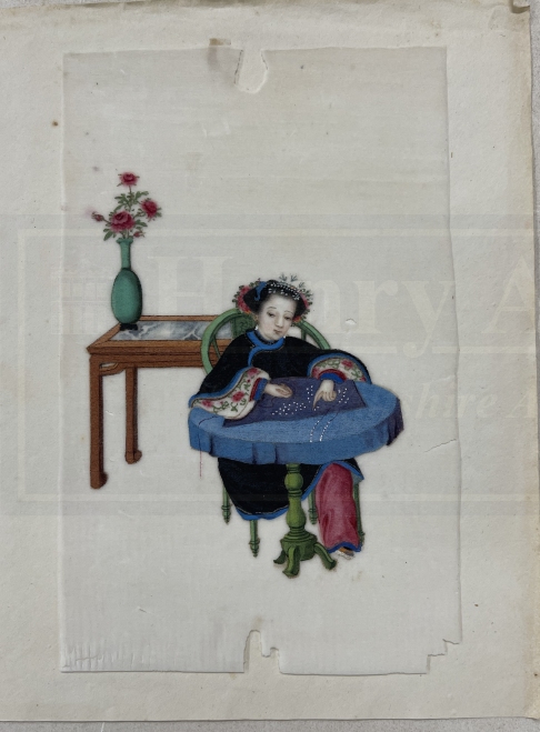 Chinese School: 19th cent. Pith paintings Qing Dynasty a woman astride a shishi 7½ins. x 5ins, a - Image 3 of 5