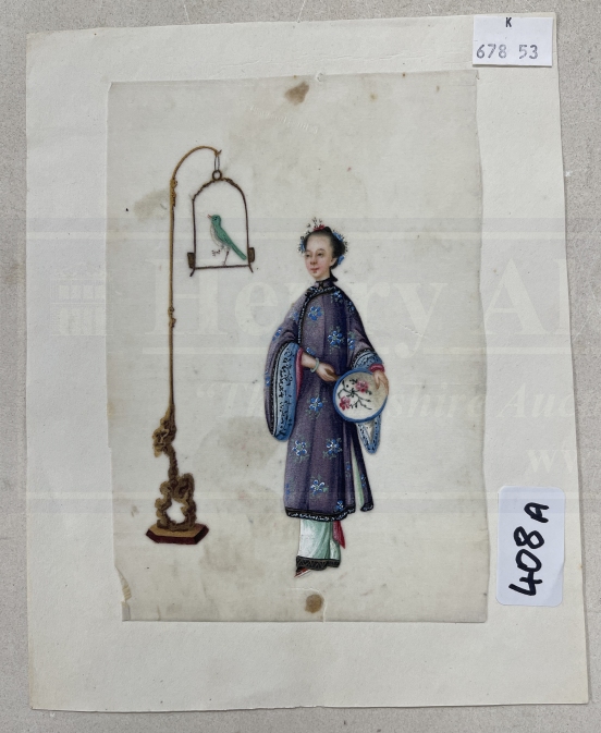 Chinese School: 19th cent. Pith paintings Qing Dynasty a woman astride a shishi 7½ins. x 5ins, a - Image 4 of 5