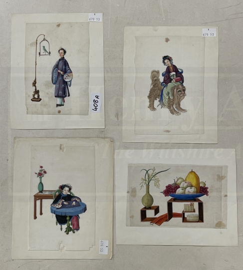 Chinese School: 19th cent. Pith paintings Qing Dynasty a woman astride a shishi 7½ins. x 5ins, a