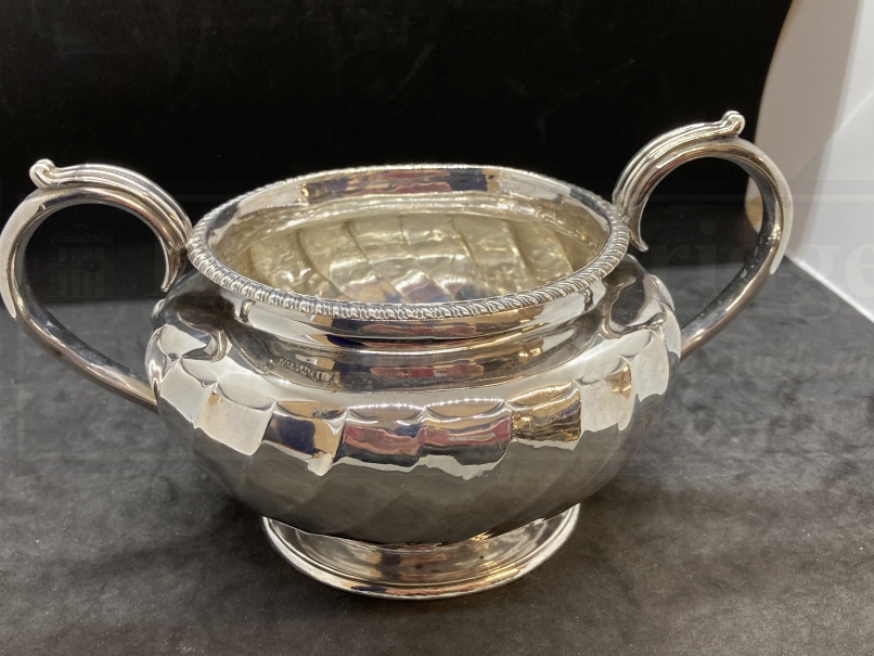 Hallmarked Silver: Georgian three piece tea set melon pattern body, gadroon border, C scroll handle. - Image 4 of 5