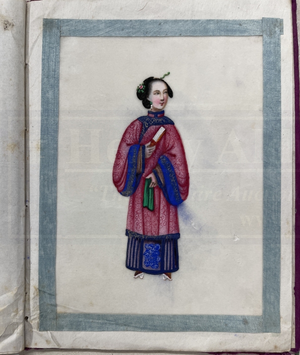 Chinese 19th cent. Album containing eleven watercolours of figures on pith paper, stamped Namshing - Image 5 of 6