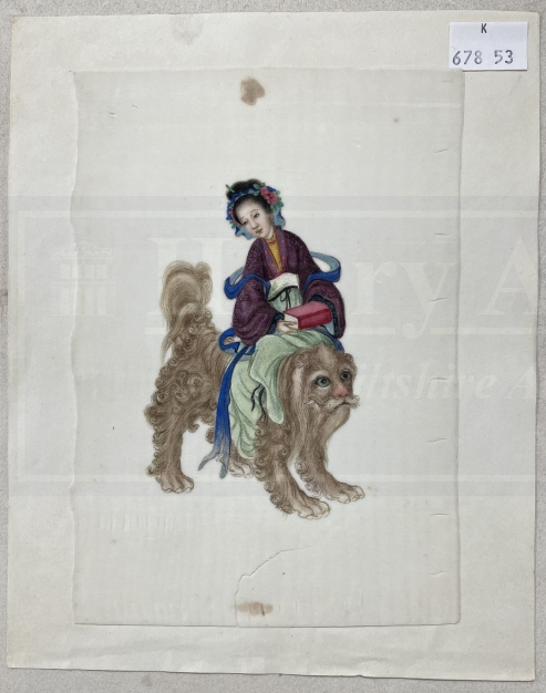 Chinese School: 19th cent. Pith paintings Qing Dynasty a woman astride a shishi 7½ins. x 5ins, a - Image 5 of 5