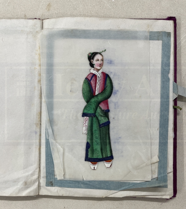 Chinese 19th cent. Album containing eleven watercolours of figures on pith paper, stamped Namshing - Image 4 of 6