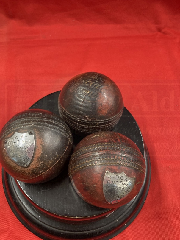 Cricket/Sporting: 1920s Nottingham/Derbyshire Cup Final Cricket Balls with white metal plaques ' - Image 2 of 3