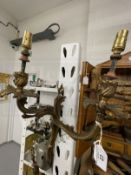 Lighting: Pair of gilt brass two branch wall lights of scrolling leaf form. 17ins. x 11ins.