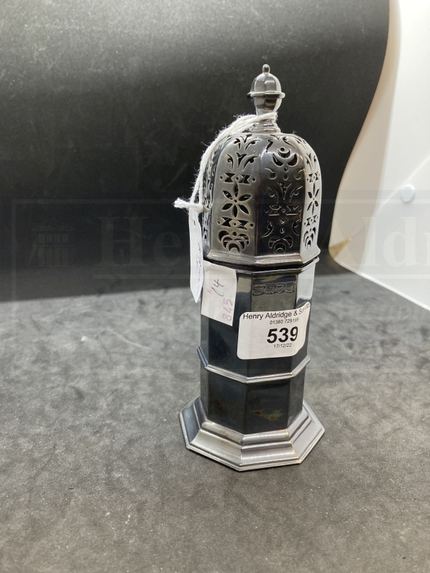 Hallmarked Silver: Sugar sifter octagonal in shape. Weight 5.1oz.