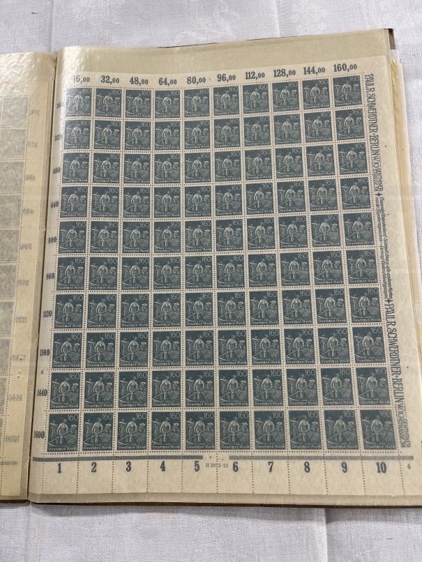 Stamps: Germany, 1921 The Weimer Republic, complete unused sheets of 100 stamps in a SAFE album