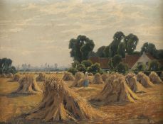 Landschaft mit Heugarben