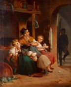 Mutter und Kinder erschrecken vor dem Schornsteinfeger
