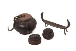 TWO CHINESE BRONZE HAND WARMERS AND OTHER ITEMS