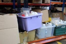 A quantity of cleaning liquids, pickaxe, hydraulic pliers and promotion display stand.