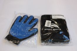 Two boxes of sports fitness bands and a box of pet shedding gloves.