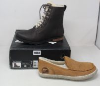A pair of women's as new Sorel Emelie short lace cozy boots (UK 7) and men's Sorel Dude Moc (UK 7).