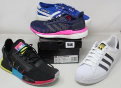 Four pairs of as new Adidas trainers; Superstar Vegan (UK 9), women's Solar Drive 19 (UK 6), Delpala