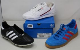 Three pairs of as new Adidas trainers; Copa Mundial (UK 9), Handball Spezial (UK 11) and Continental