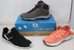 Three pairs of women's as new outdoor footwear; Salomon Sonic 4 Confidence (UK 5), Merrell Flora