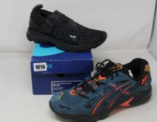 Two pairs of as new Asics trainers; Gel-Kayano 25 OBI (UK 8) and Gel-Kayano 5 OG (UK 11).