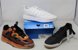 Three pairs of as new Adidas trainers; A.R. (UK 9), Niteball (UK 6.5) and Multix (UK 9).