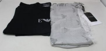 An as new Emporio Armani T-shirt (S) and silver/grey scarf.