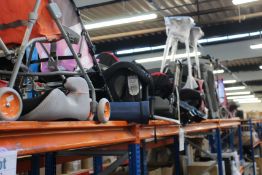 Fifteen items of pushchairs, walking aids and car seat/booster seats.