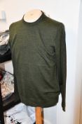 Two as new Calvin Klein superior wool crew neck sweaters in dark olive (S).