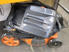 A pre-owned P1 Hyundai 196cc petrol lawnmower (Some damage visible, item not tested).