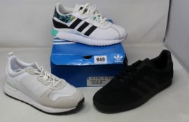 Three pairs of as new Adidas trainers; ZX 700 HD (UK 6), Gazelle (UK 10) and women's SL Andridge (UK