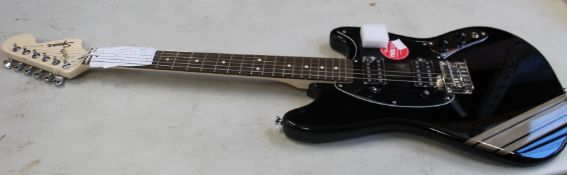 A Squier FSR Bullet Competition Mustang HH Electric Guitar in black with gold stripes.