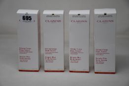 Four boxed as new Clarins Renew-Plus Body Serum (200ml).