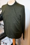 Two as new Calvin Klein superior wool crew neck sweaters in dark olive (M).