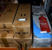 Five dry powder fire extinguisher (Various sizes).