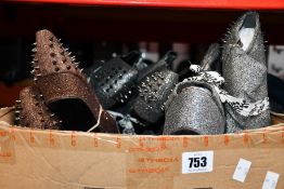 Ten pairs of as new (Second) silver/gold glitter and metal spike Lungta de fancy heels (Various