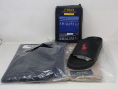 Two pairs of as new Ralph Lauren slides (UK 9, 10), two scarves and a pack of three classic