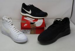 Three pairs of as new Nike trainers; Internationalist (UK 4.5), Air Max Bolt (UK 11) and women's