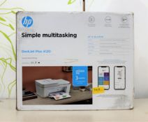 A boxed as new HP DeskJet Plus 4120 multi-fucttion colour inkjet printer in white (box damaged).