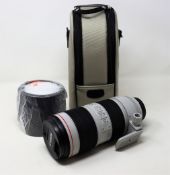 A boxed as new Canon EF 70-200mm f2.8 L IS III USM Telephoto Lens in White with lens hood and
