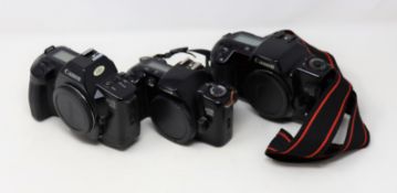 Three pre-owned Canon 35mm camera bodies; 1 x EOS 10, 1 x EOS 500 and 1 x EOS 650 (Untested, sold as