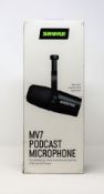 A boxed as new Shure MV7 Podcast Recording USB / XLR Microphone in Black (Box sealed, some damage to