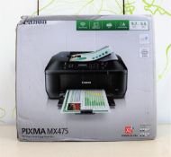 A boxed as new Canon PIXMA MX475 all-in-one inkjet printer in black (box opened) (box damaged).