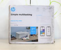A boxed as new HP Deskjet Plus 4130 all-in-one printer in white (box damaged).